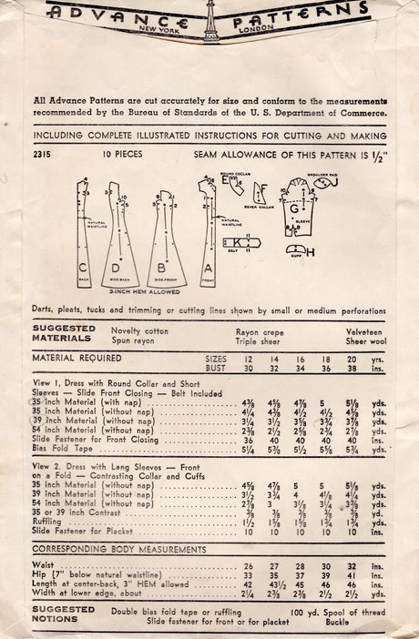 1940's Advance Princess Line Dress with 2 styles of Collars - Bust 34" - No. 2315