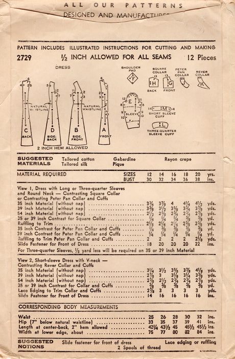1940's Advance Zip Front Princess Line Dress with 3 styles of Collars - Bust 34" - No. 2729