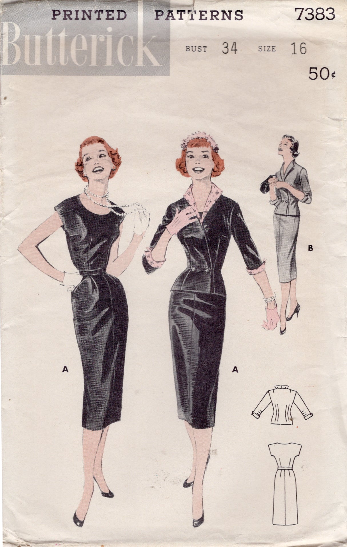 1950's Butterick Slim Fit One-Piece Dress with Cross-over Jacket - Bust 34" - No. 7383