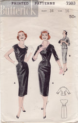 1950's Butterick Slim Fit One-Piece Dress with Cross-over Jacket - Bust 34" - No. 7383