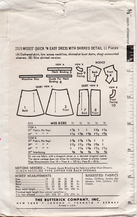 1960's Butterick One-Piece Dress Pattern with Shirred Sides - Bust 34" - No. 2315