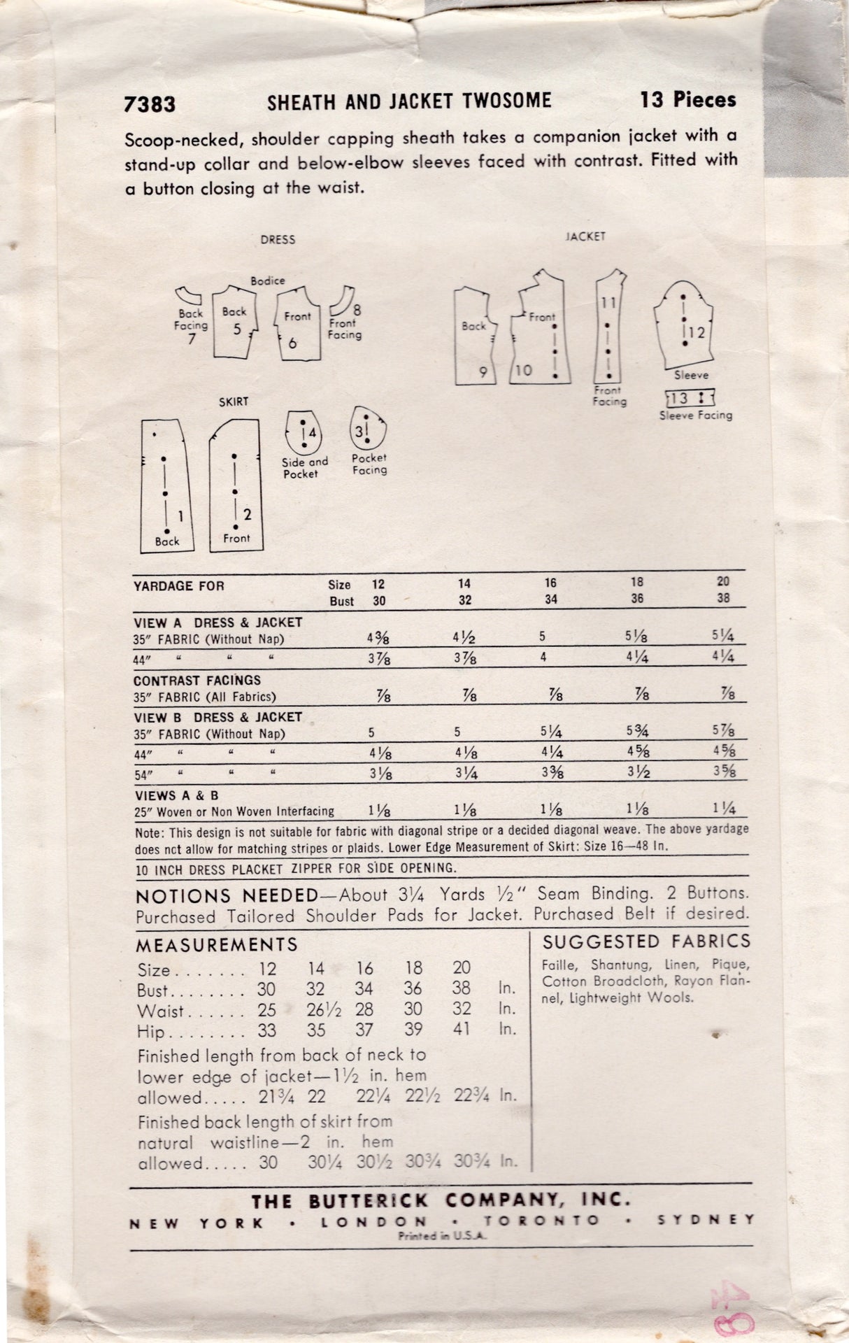 1950's Butterick Slim Fit One-Piece Dress with Cross-over Jacket - Bust 34" - No. 7383