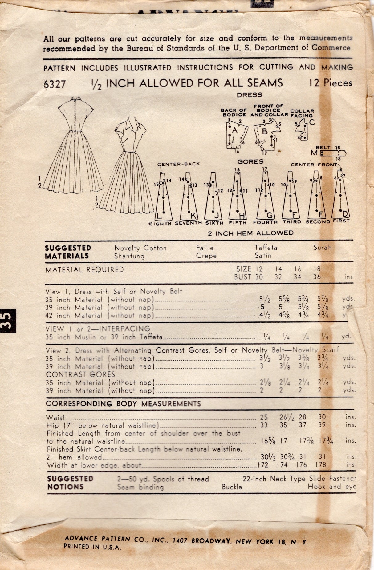 1950's Advance One Piece Dress Pattern with 16 Gore Skirt - Bust 34" - No. 6327