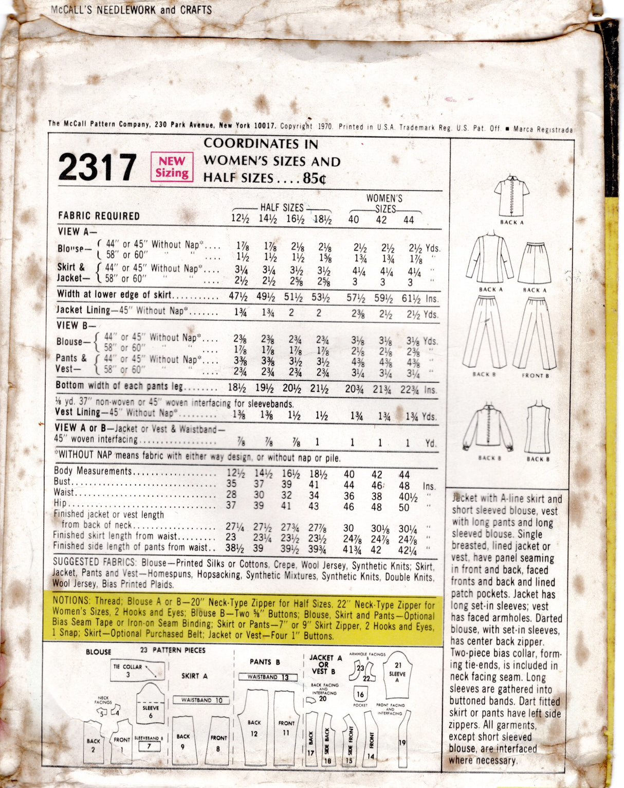 1970's McCall's Jacket, Blouse, Vest, Skirt & Pants pattern - Bust 39" - No. 2316