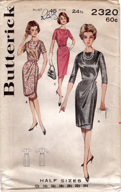 1960's Butterick Sheath Dress Pattern with Tucked Bodice and Draped Skirt - Bust 45