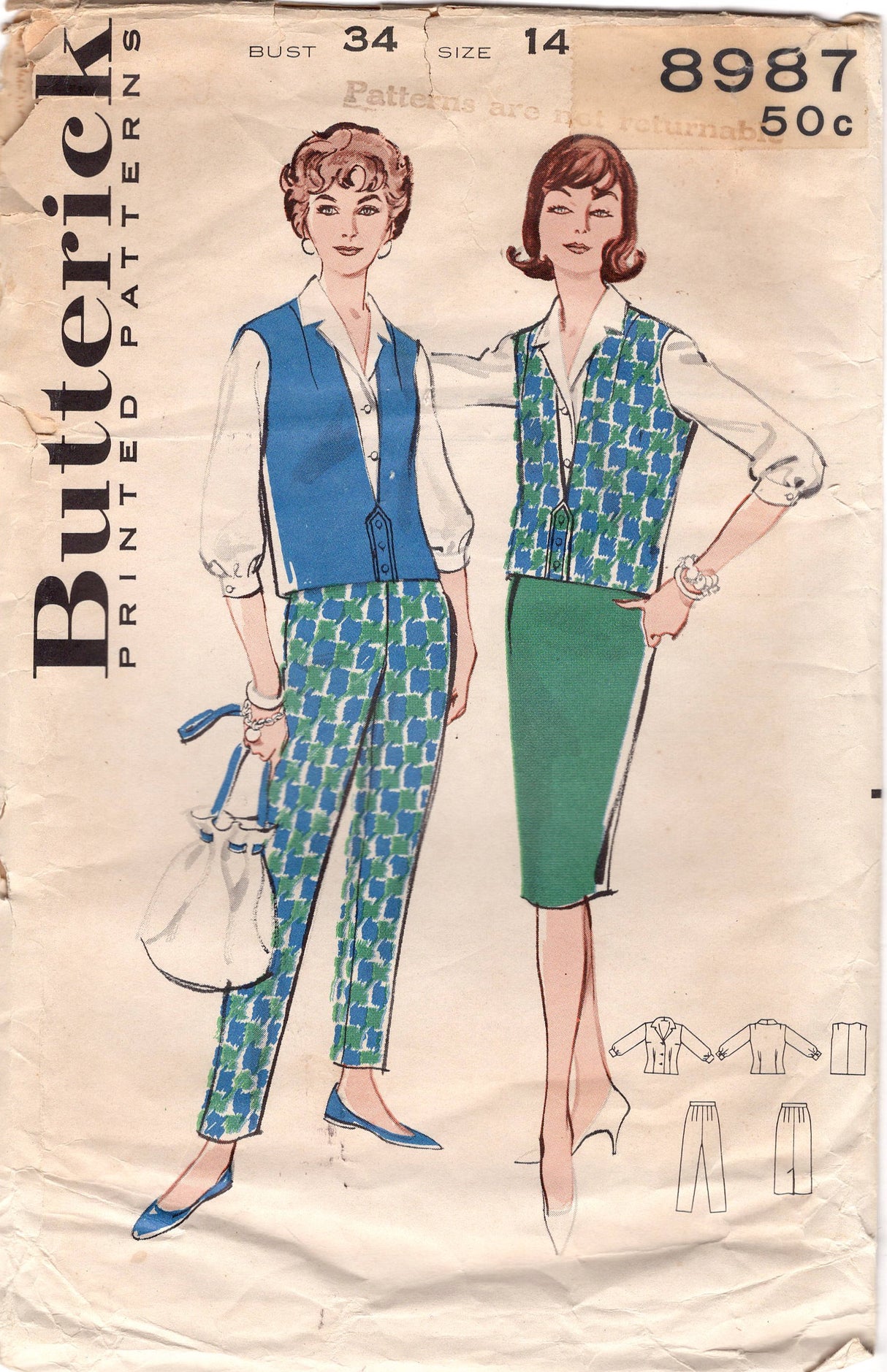 1950's Butterick Cigarette Pants, Pencil Skirt, Blouse, and Jacket pattern - Bust 34" - no. 8987