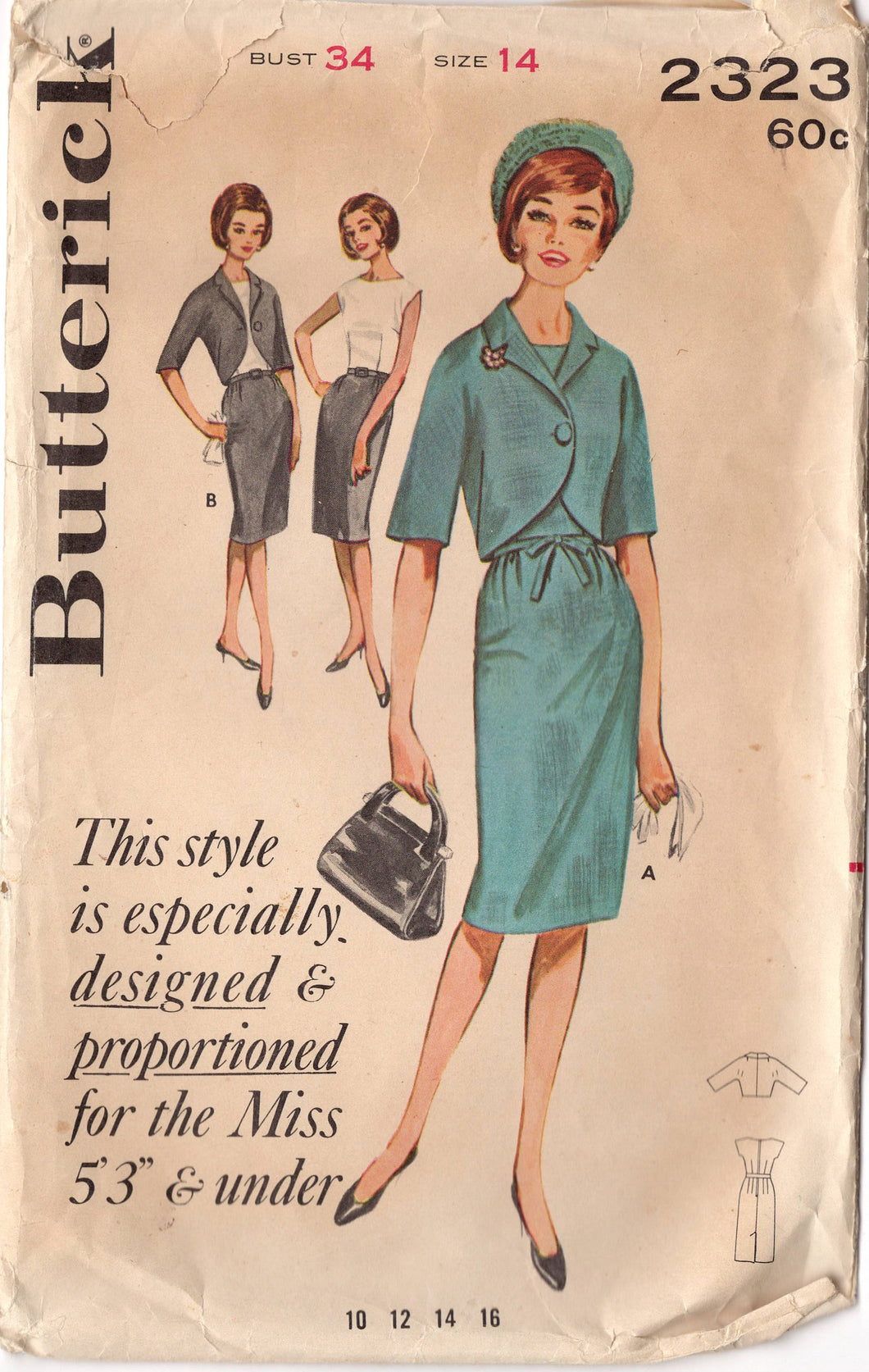 1960's Butterick Sheath Dress and Single Button Bolero Pattern - Bust 34