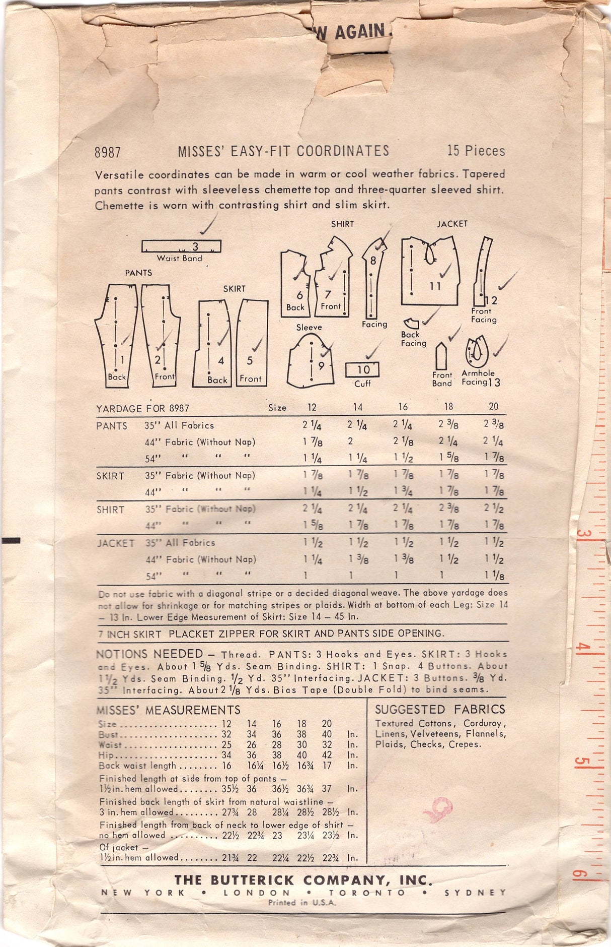 1950's Butterick Cigarette Pants, Pencil Skirt, Blouse, and Jacket pattern - Bust 34" - no. 8987