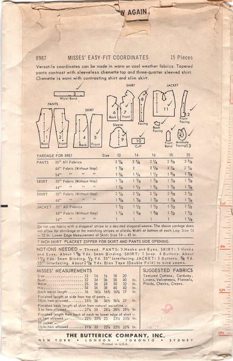 1950's Butterick Cigarette Pants, Pencil Skirt, Blouse, and Jacket pattern - Bust 34" - no. 8987