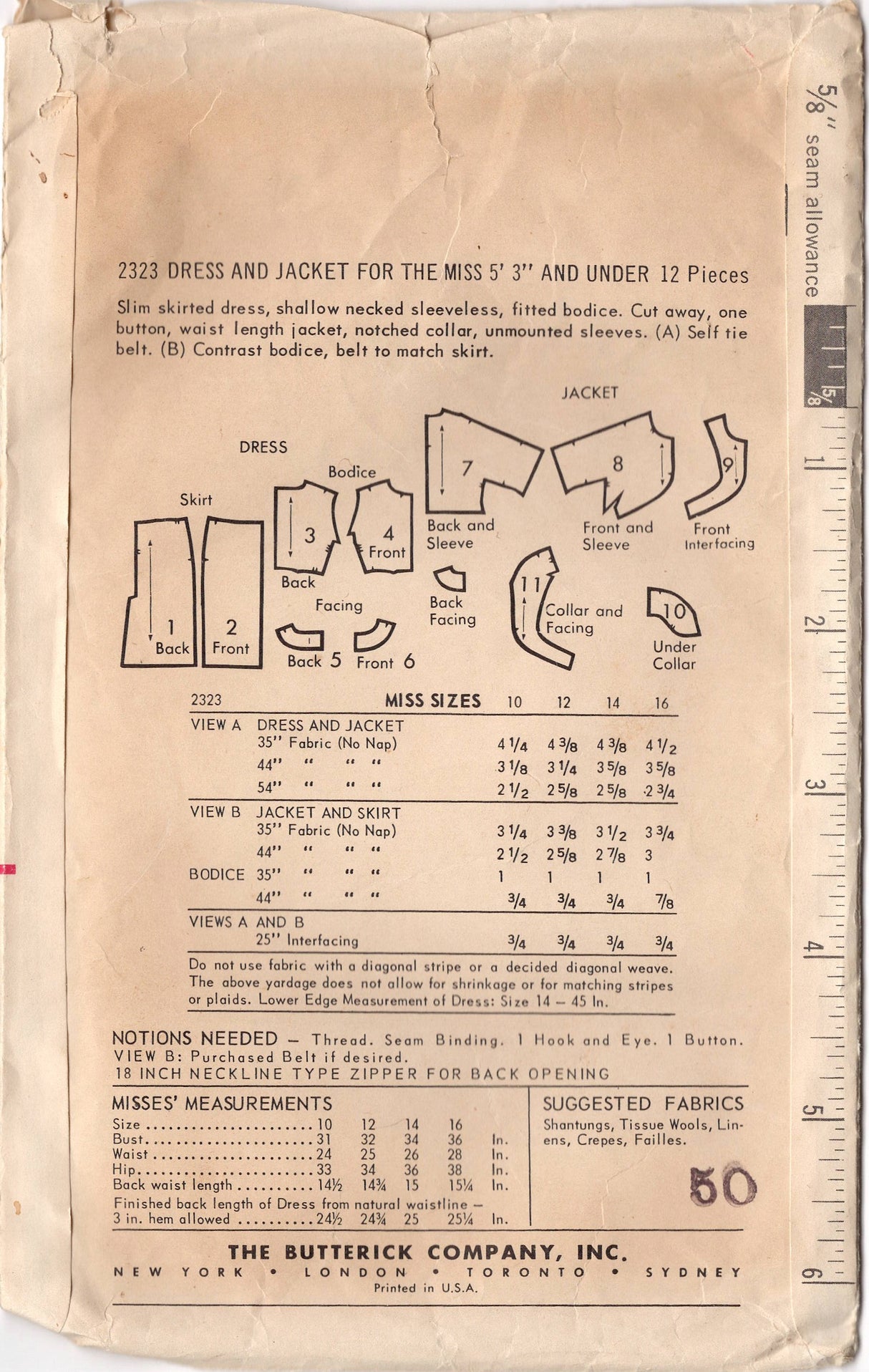 1960's Butterick Sheath Dress and Single Button Bolero Pattern - Bust 34" - No. 2323