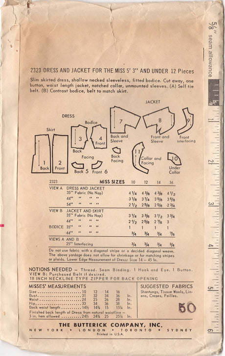 1960's Butterick Sheath Dress and Single Button Bolero Pattern - Bust 34" - No. 2323