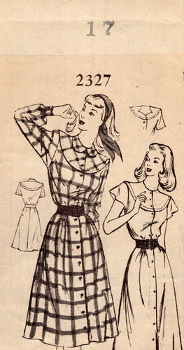 1940's Mail Order Yoked Button Up Dress with Long, Short or Flutter Sleeves Pattern - Bust 33