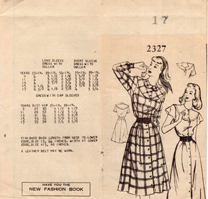 1940's Mail Order Yoked Button Up Dress with Long, Short or Flutter Sleeves Pattern - Bust 33" - No. 2327