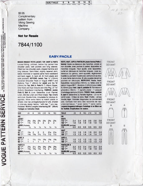 1990's Vogue Jacket, Fitted Top, Pencil Skirt and Tapered Pants Pattern - Bust 30.5-38" - No. 7844/1100