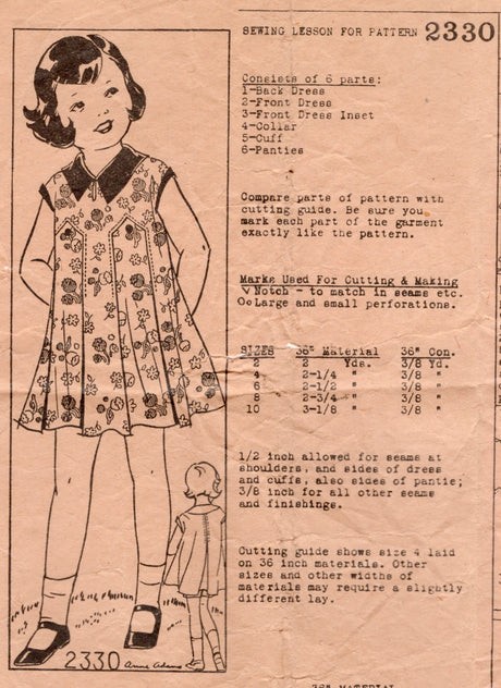1930's Anne Adams Child’s Dress Pattern – Size 4 - No. 2330