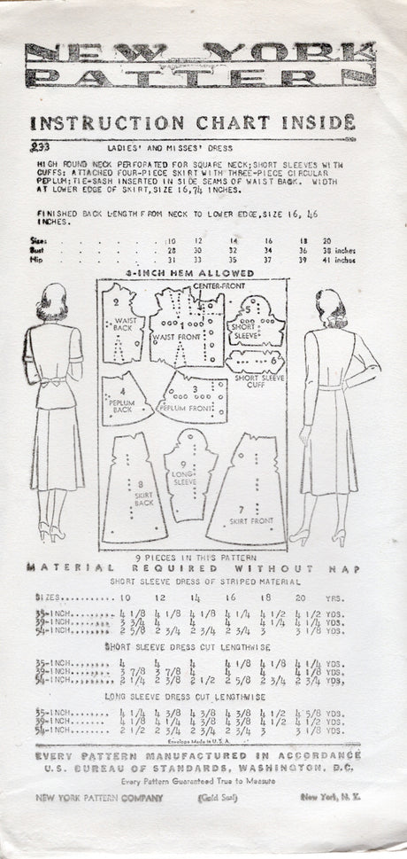 1940's New York Shirtwaist Dress with Short or Long Sleeves - Bust 30-34" - No. 233