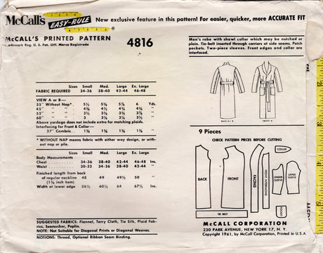 1960's McCall's Men's Robe Pattern - Chest 38-40" - No. 4816