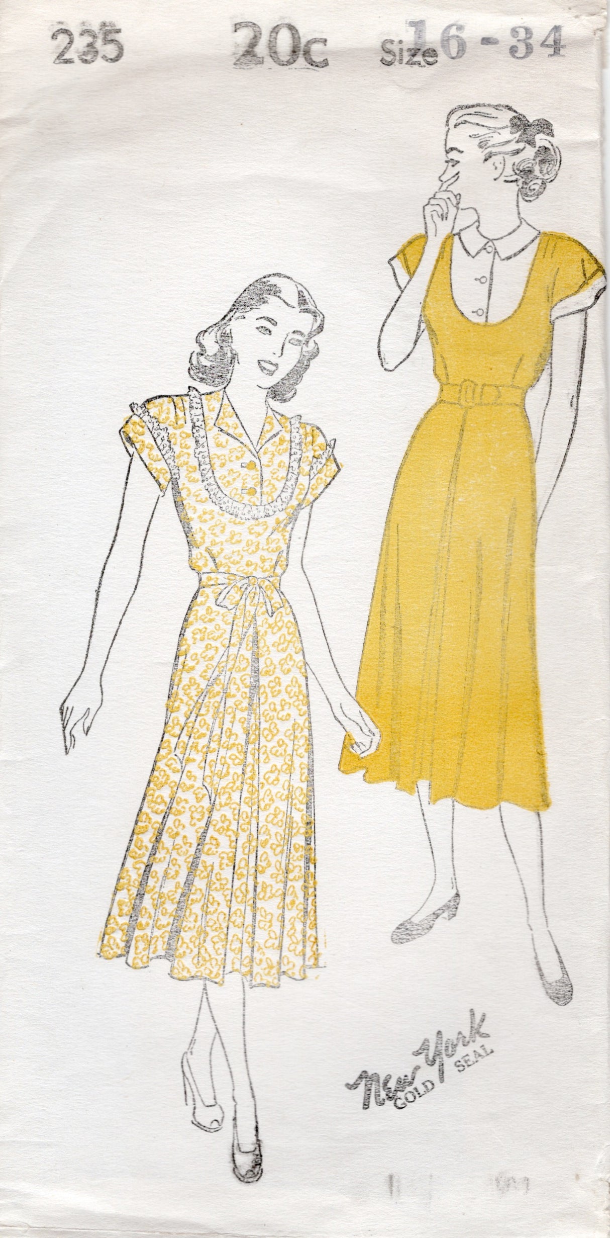 1940's New York Dress Pattern with inset Vestee and drop shoulders - Bust 30-34" - No. 235