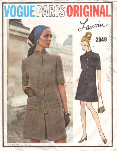 1970's Vogue Paris Original Button Up Shift Dress Pattern with Mandarin Collar - LANVIN - Bust 38