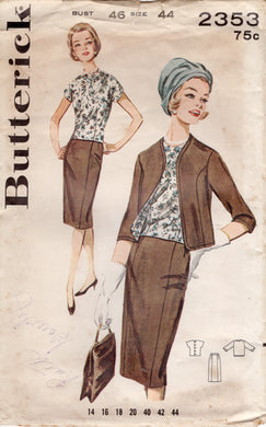 1960's Butterick Three Piece Outfit with Princess Line Jacket, Overblouse and Gored Skirt - Bust 46