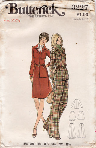 1970's Butterick Unlined jacket, A Line Skit and Wide Leg Pants- Bust 45