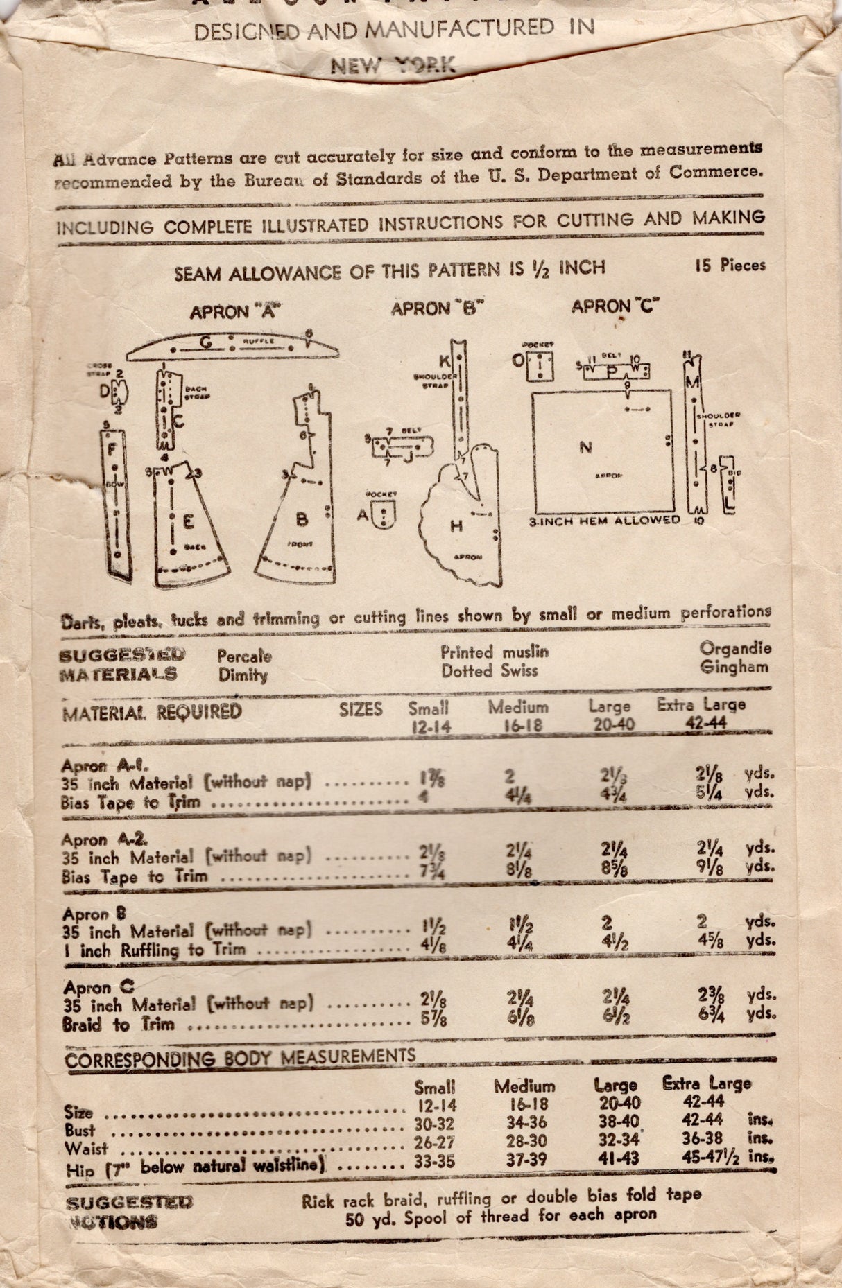 1930's Advance Full Apron Pattern - Bust 34-36" - No. 2361