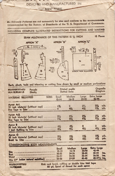 1930's Advance Full Apron Pattern - Bust 34-36" - No. 2361