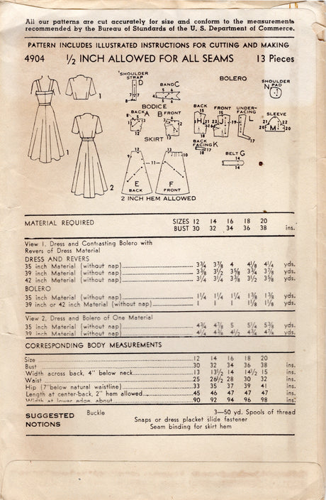 1940's Advance Sundress with Bolero Jacket Pattern - Bust 32" - No. 4904