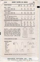 1950's Advance Duster or Smock Pattern - Bust 32" - No. 7716