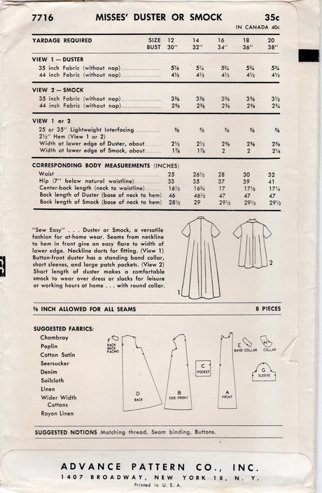1950's Advance Duster or Smock Pattern - Bust 32" - No. 7716