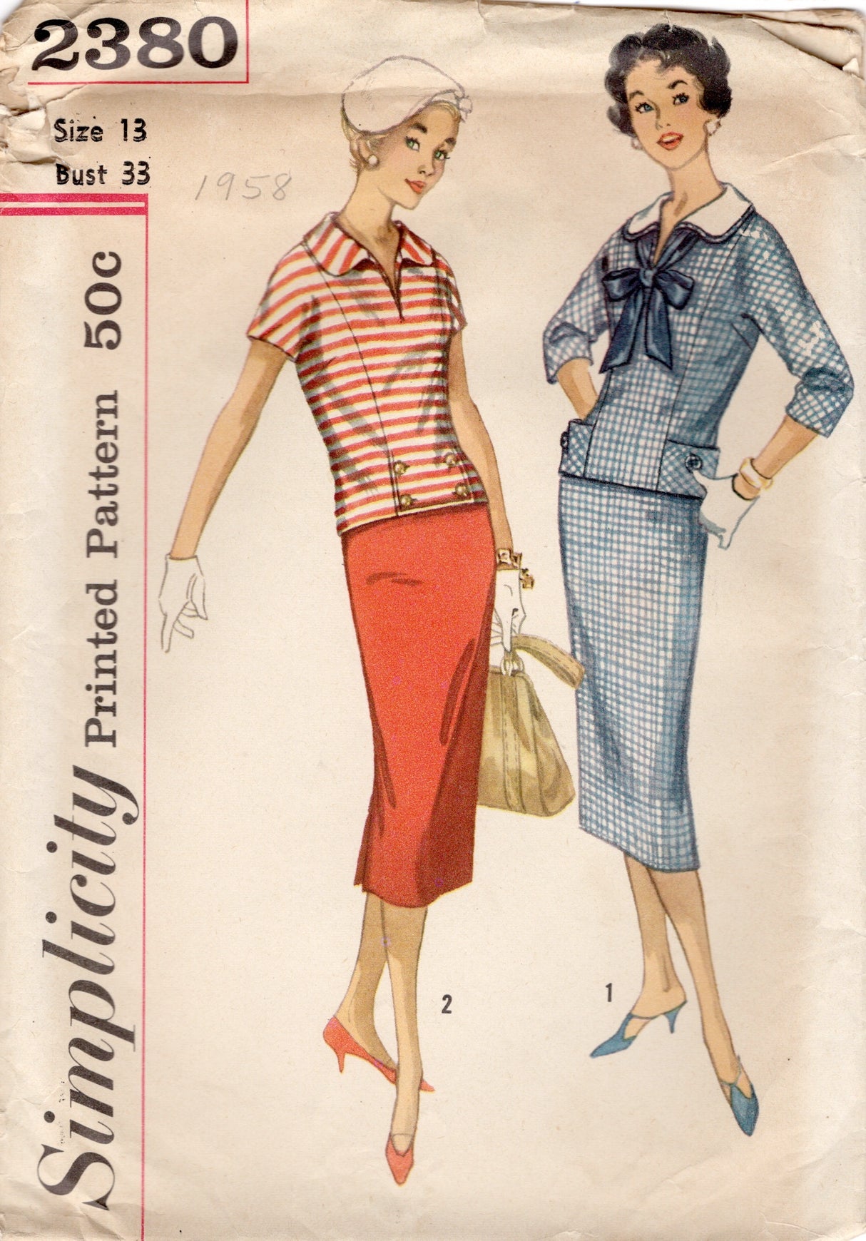 1950's Simplicity Two Piece Dress Pattern with detachable cuffs and collar - Bust 33" - No. 2380