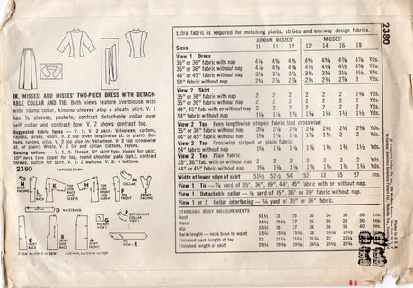 1950's Simplicity Two Piece Dress Pattern with detachable cuffs and collar - Bust 33" - No. 2380