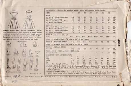 1950's Simplicity Shirtwaist Dress with Large Collar Pattern - Bust 32" - No. 4967