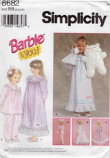 1990's Simplicity "Barbie & You" Pajamas & Nightgown and Bear Pattern for Child and Barbie - Chest 24-25.5" - No. 8682