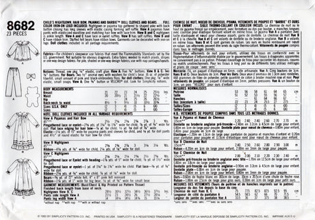 1990's Simplicity "Barbie & You" Pajamas & Nightgown and Bear Pattern for Child and Barbie - Chest 24-25.5" - No. 8682