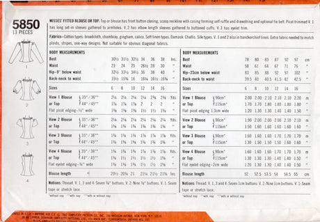 1980's Simplicity Princess line Button Up Blouse with 4 Sleeve Styles - Bust 36" - No. 5850