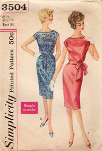 1960's Simplicity Sheath Dress with Blousy Top and Bow Accent - Bust 34" - No. 3504