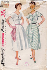 1950's Simplicity One Piece Fit and Flare Dress Pattern with Crossover accent - Bust 34" - No. 4740