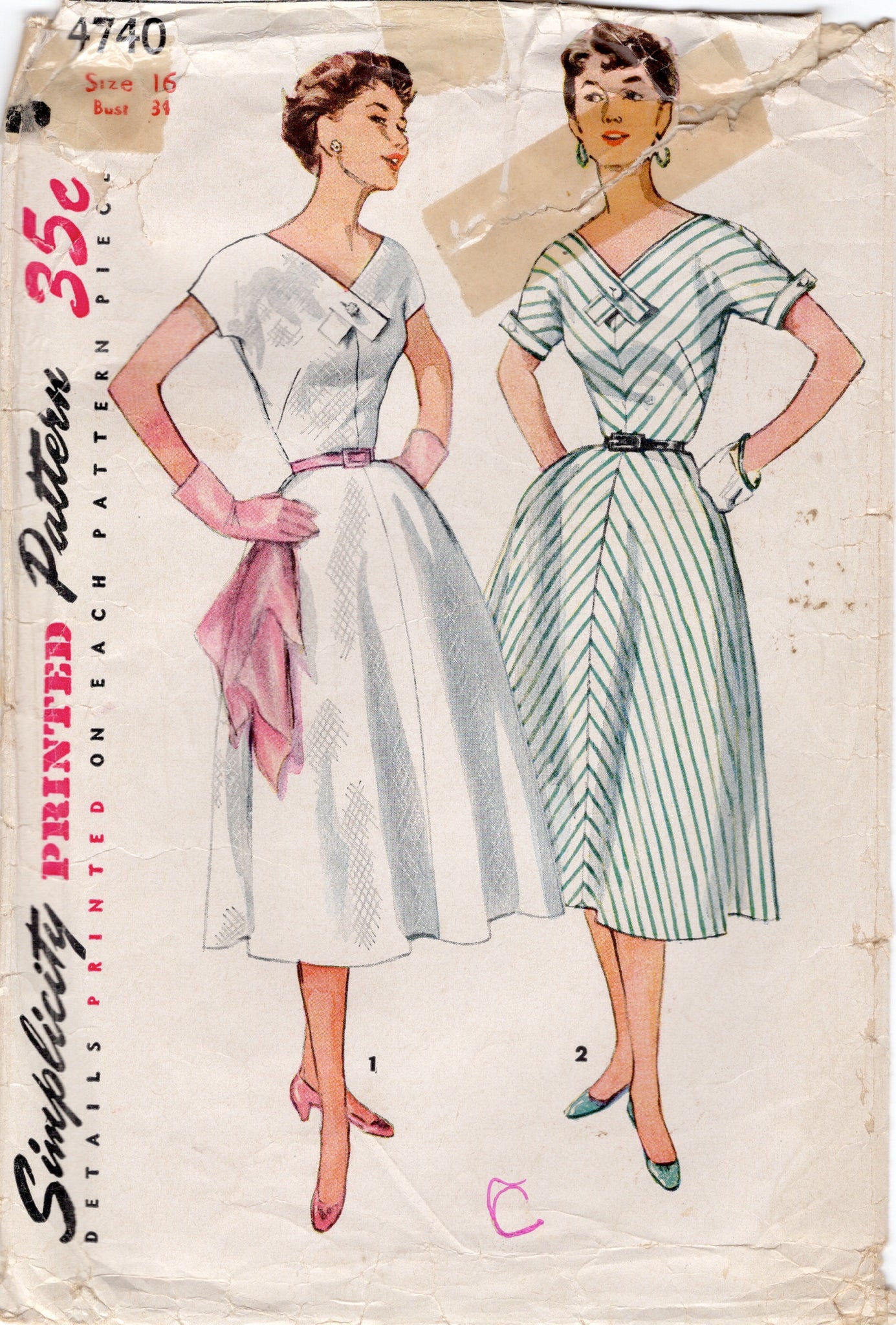 1950's Simplicity One Piece Fit and Flare Dress Pattern with Crossover  accent - Bust 34