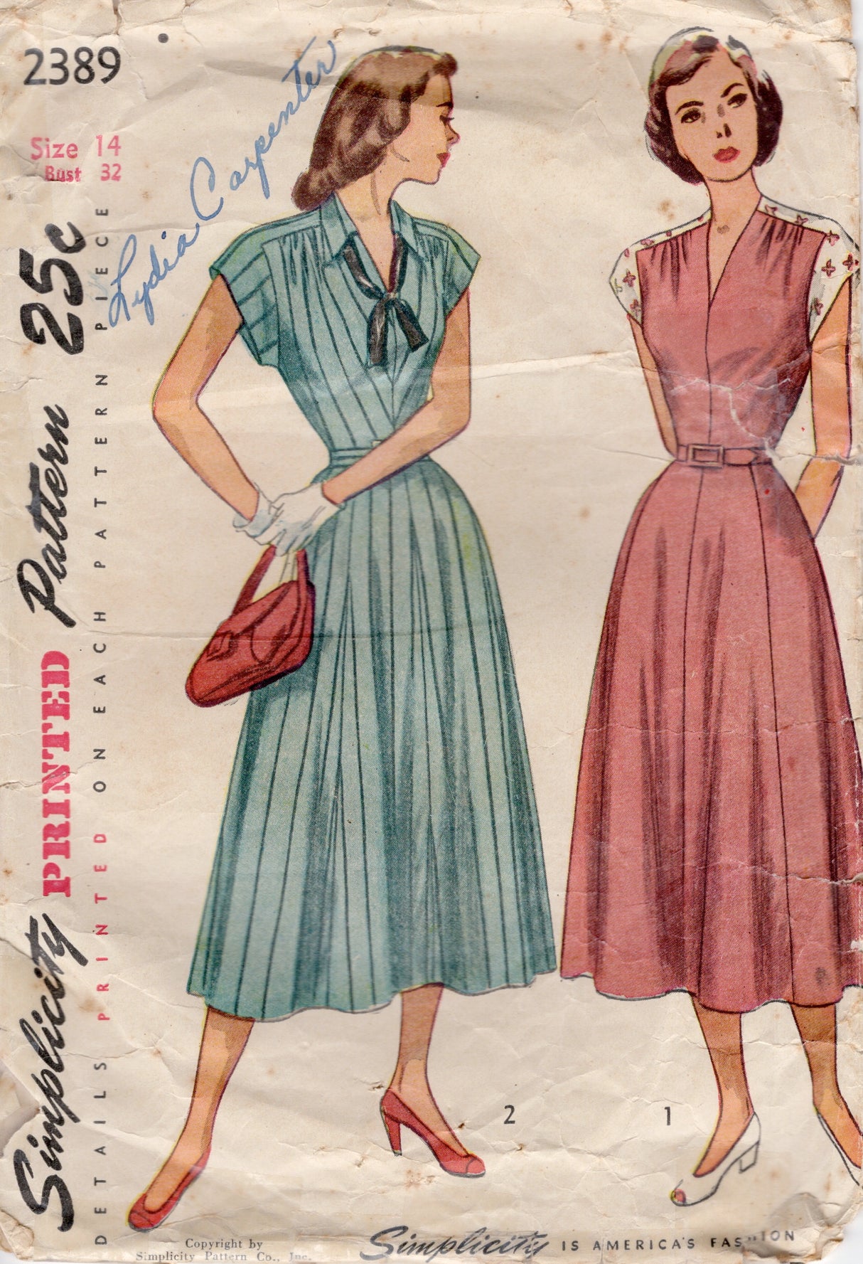 1940's Simplicity One Piece Dress with Moulded Shoulder Cap Sleeves - Bust 32" - No. 2389