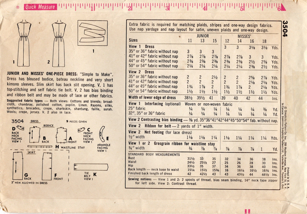 1960's Simplicity Sheath Dress with Blousy Top and Bow Accent - Bust 34" - No. 3504