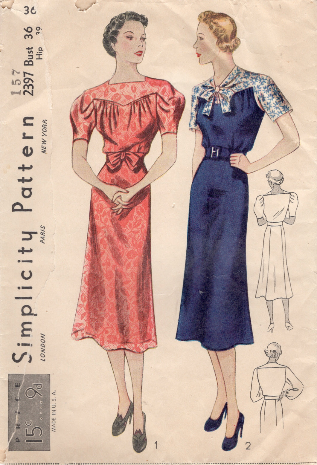 1930's Simplicity One Piece Dress with Large Yoke and Bow Detail - Bust 36