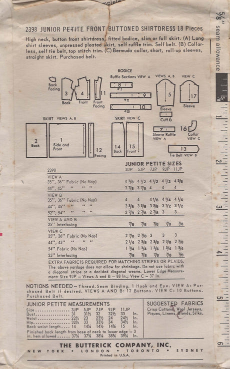 1960’s Butterick Button Up Fit and Flare or Sheath Dress Pattern - Bust 31" - No. 2398