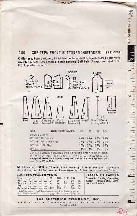 1950's Butterick Sub-Teen Front Buttoned Shirtdress Pattern - Bust 28" - No. 2404