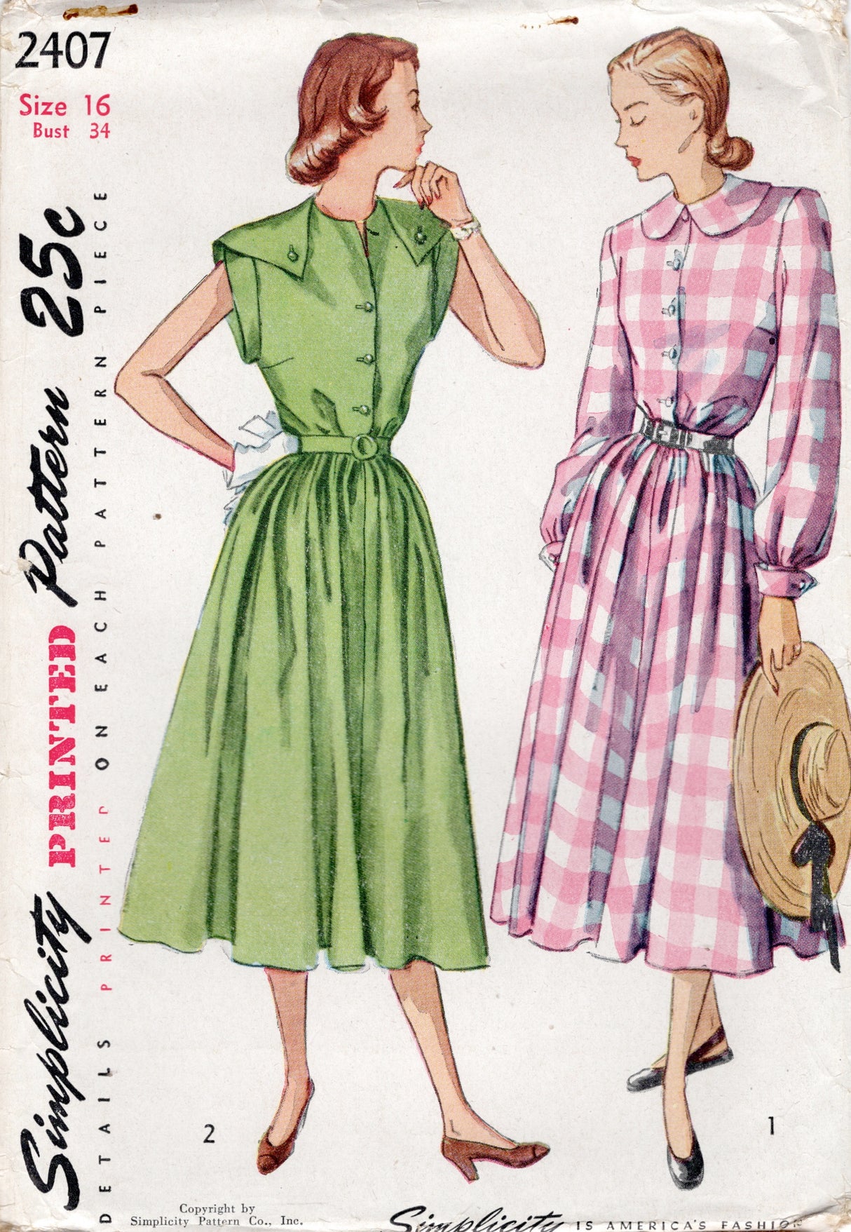 1940's Simplicity Shirtwaist Dress with Collar or Tab Accent - Bust 34" - No. 2407