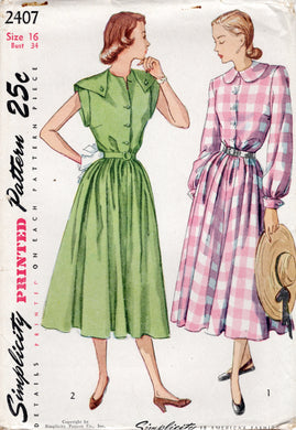 1940's Simplicity Shirtwaist Dress with Collar or Tab Accent - Bust 34