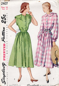 1940's Simplicity Shirtwaist Dress with Collar or Tab Accent - Bust 34" - No. 2407