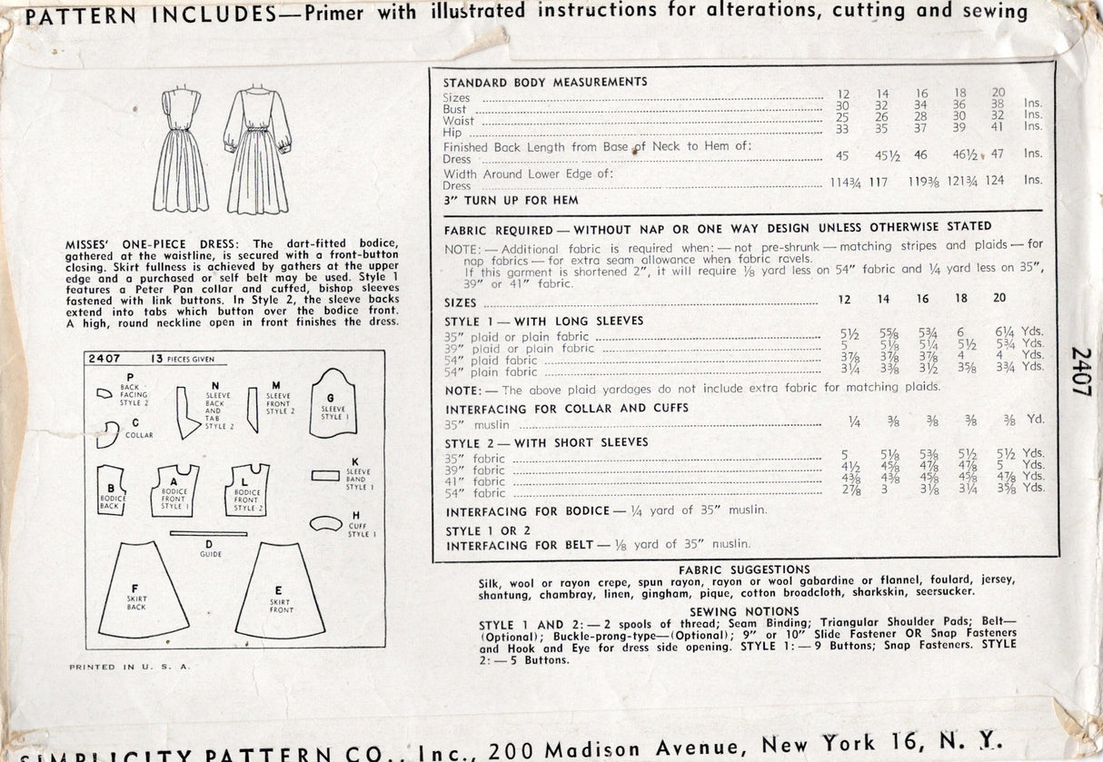 1940's Simplicity Shirtwaist Dress with Collar or Tab Accent - Bust 34" - No. 2407