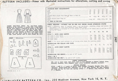 1940's Simplicity Shirtwaist Dress with Collar or Tab Accent - Bust 34" - No. 2407