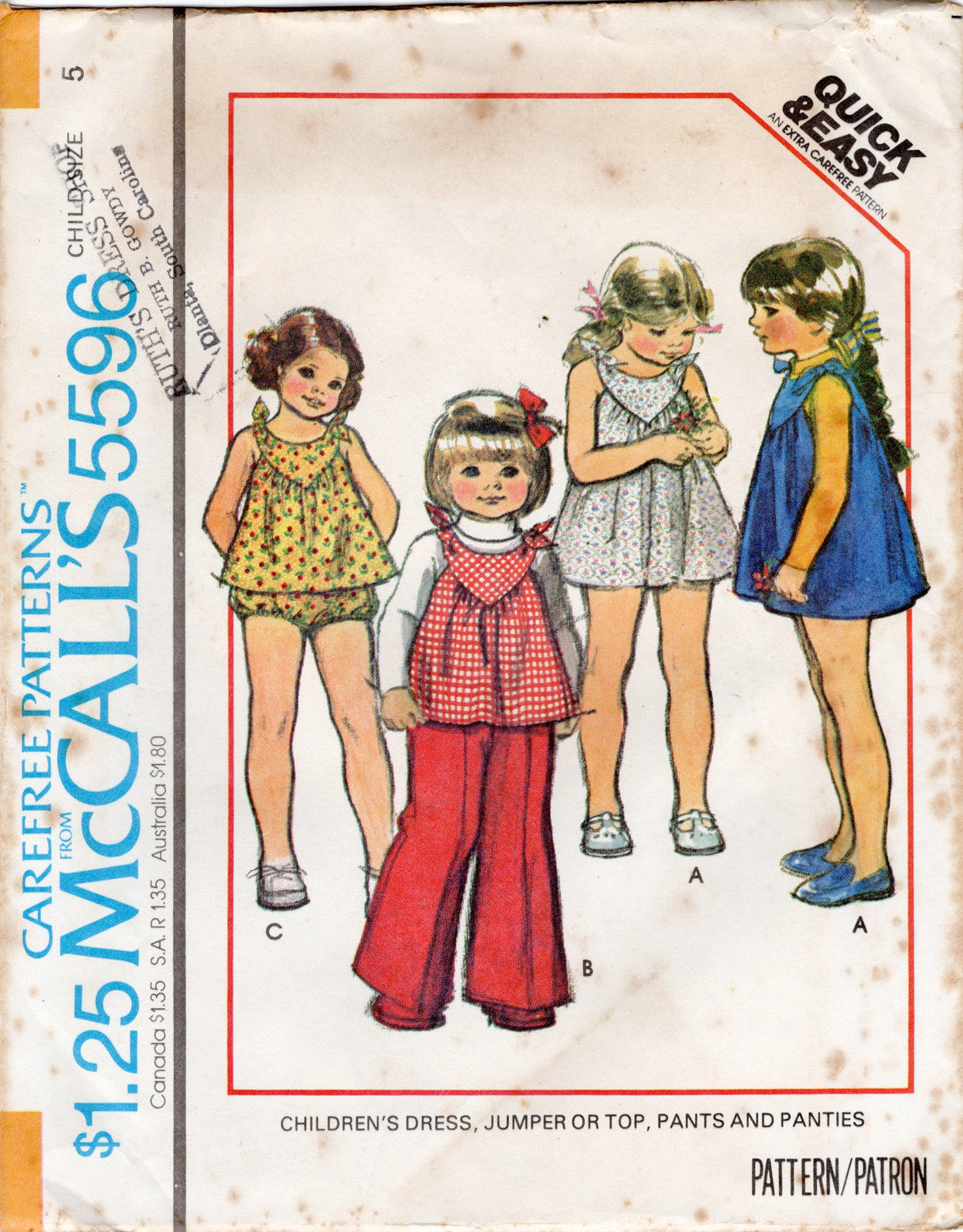 1970's McCall's Child's Yoked Dress or Top, Pants and Panties pattern - Chest 24" - No. 5596